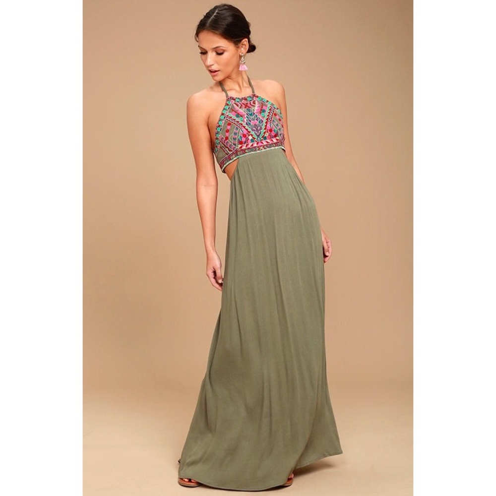 Little Beach Olive Green Embroidered Maxi Dress